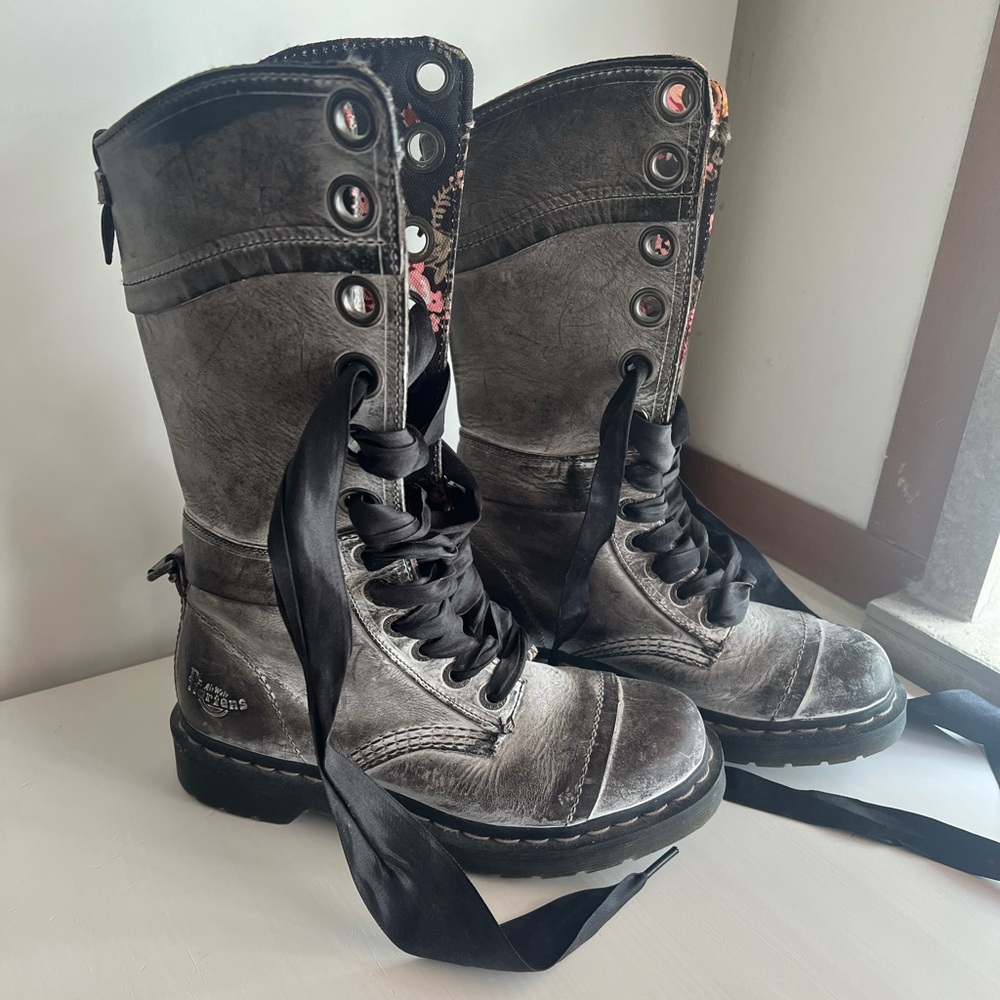 Dr. Martens Leather Fold Over Boots Ribbon Lace Up Floral Lining